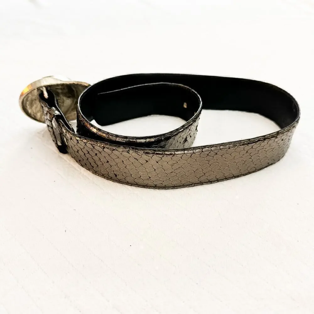 MZA NY Vintage Black Snakeskin Leather Belt Silver Adorned Buckle Size M